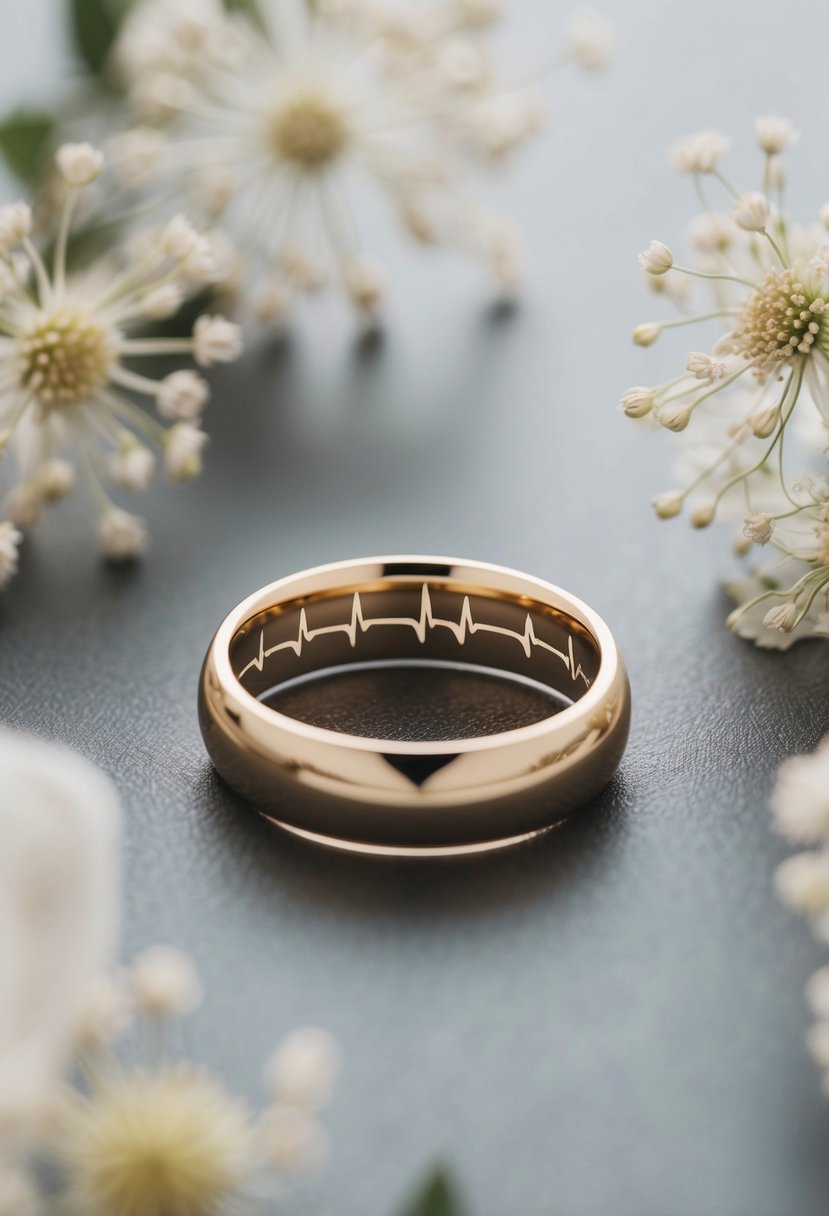 A wedding ring with a heartbeat pattern engraved on the inside, surrounded by delicate floral details