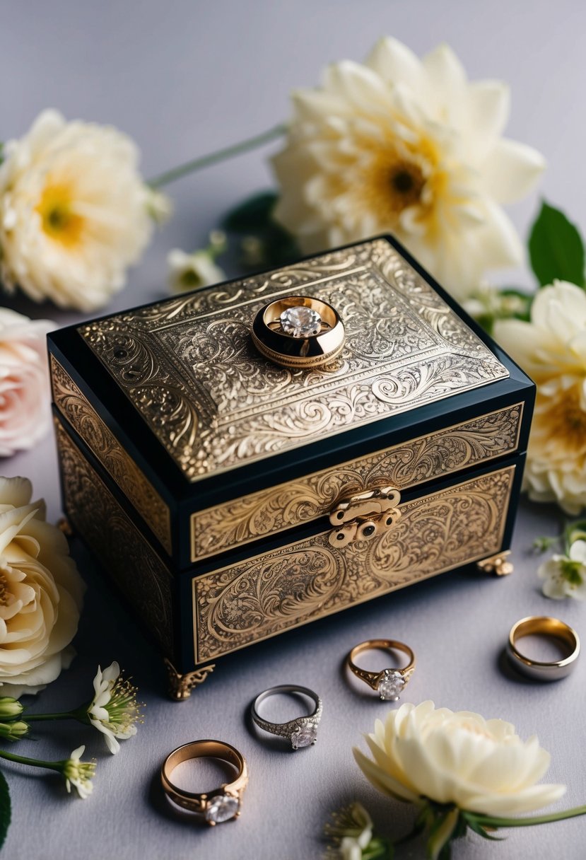 A beautifully crafted keepsake box adorned with intricate engravings, surrounded by delicate flowers and wedding rings