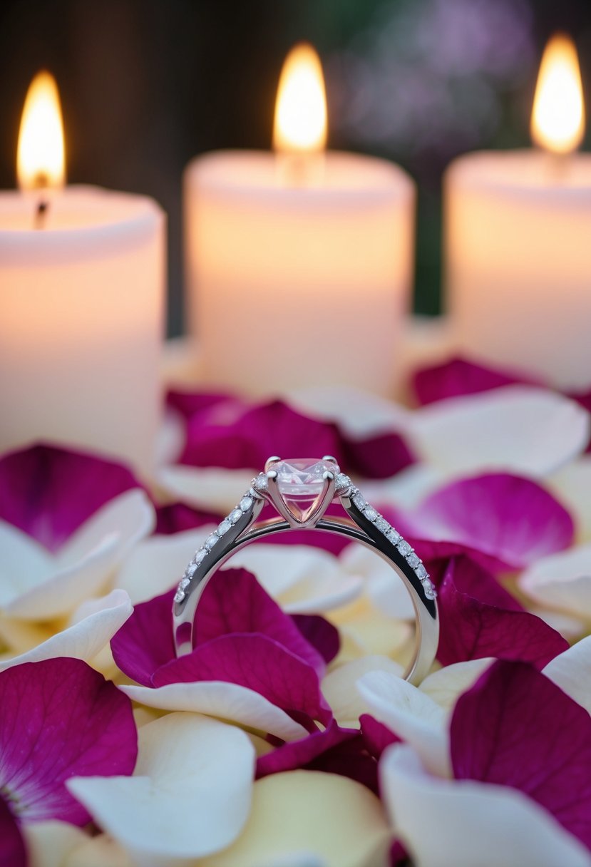 A wedding ring resting on a bed of rose petals, surrounded by soft candlelight