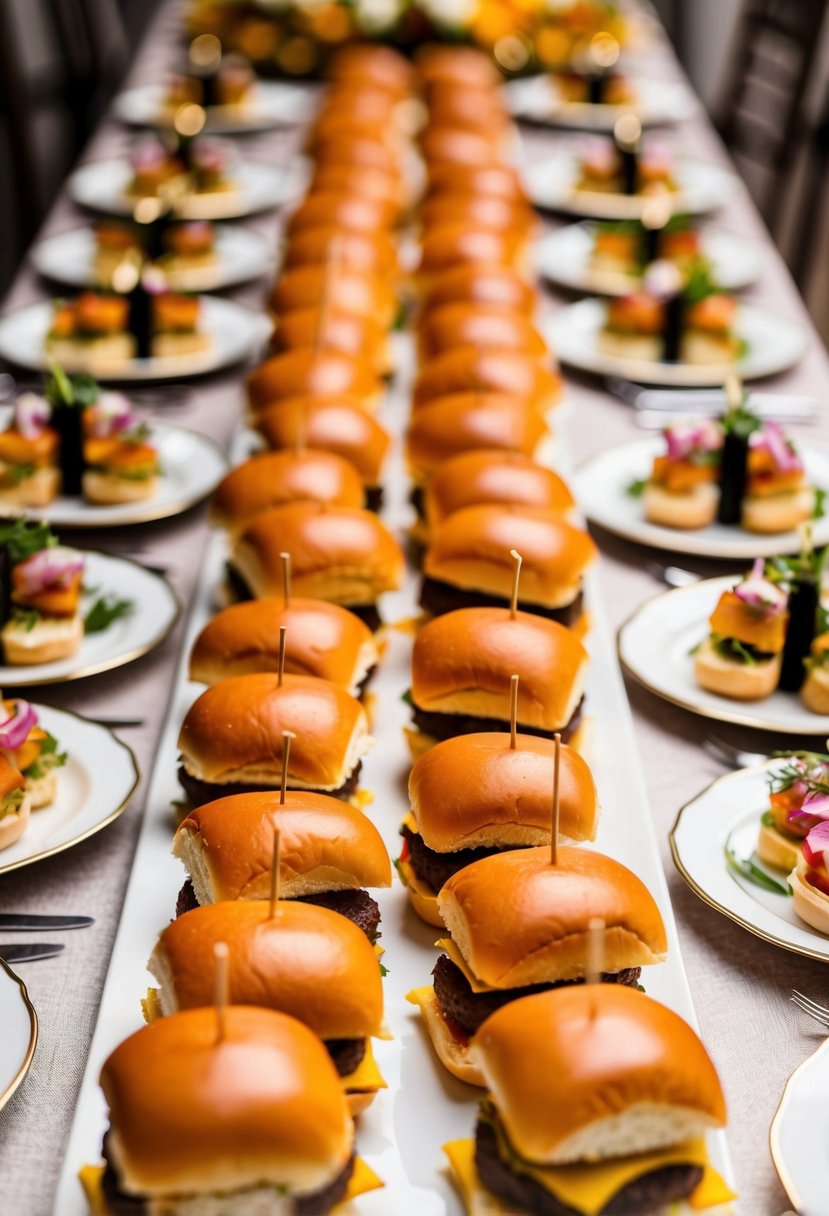 A table adorned with rows of cheeseburger sliders, surrounded by decorative appetizers and elegant table settings