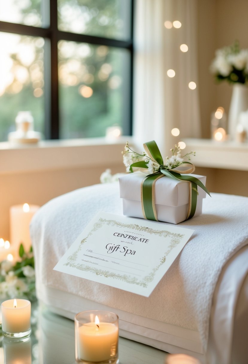 A serene spa setting with a gift certificate and wedding-themed decor