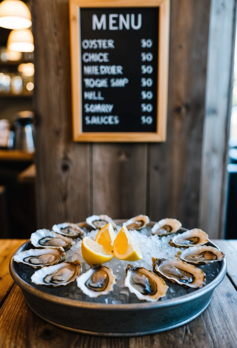 A rustic wooden table adorned with oysters on ice, lemon wedges, and various sauces. A chalkboard sign displays the menu