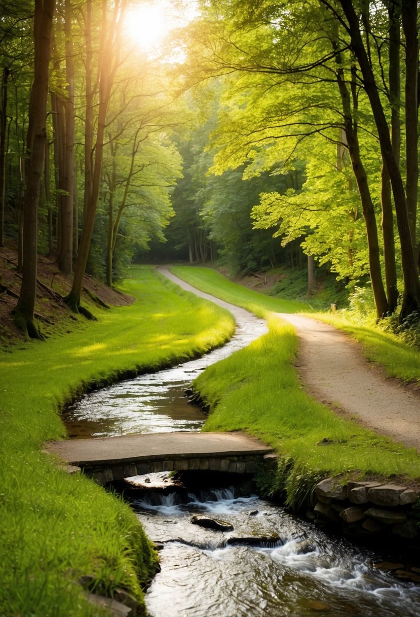 A winding forest path leads to a sunlit clearing, where a sparkling stream flows under a stone bridge