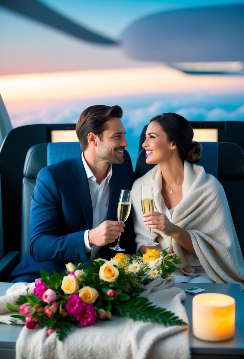 A couple enjoys a luxurious honeymoon flight upgrade, surrounded by champagne, flowers, and a cozy blanket