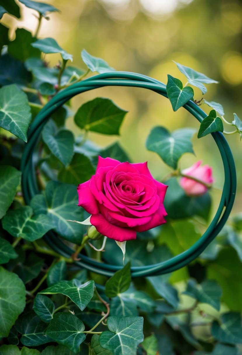 A single rose entwined with a never-ending loop of ivy, symbolizing eternal love