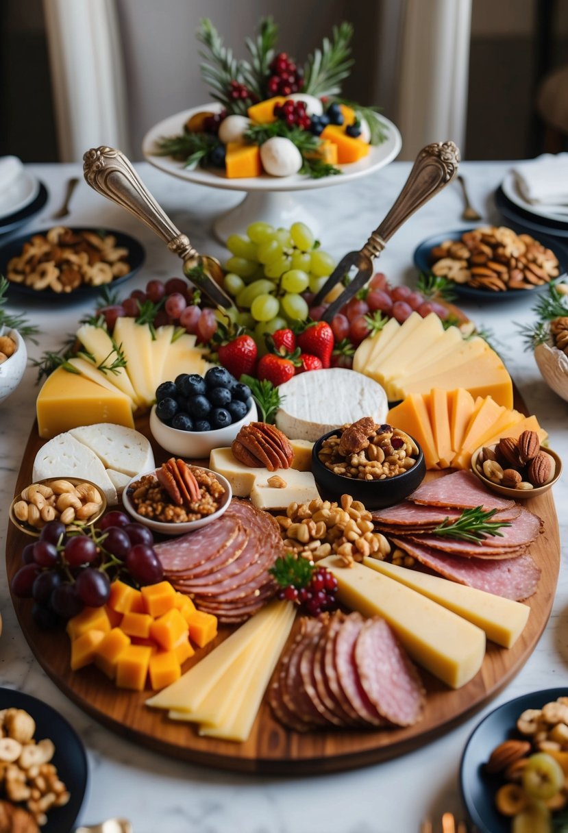 A bountiful spread of assorted meats, cheeses, fruits, and nuts arranged on a wooden board, surrounded by elegant serving utensils and decorative garnishes