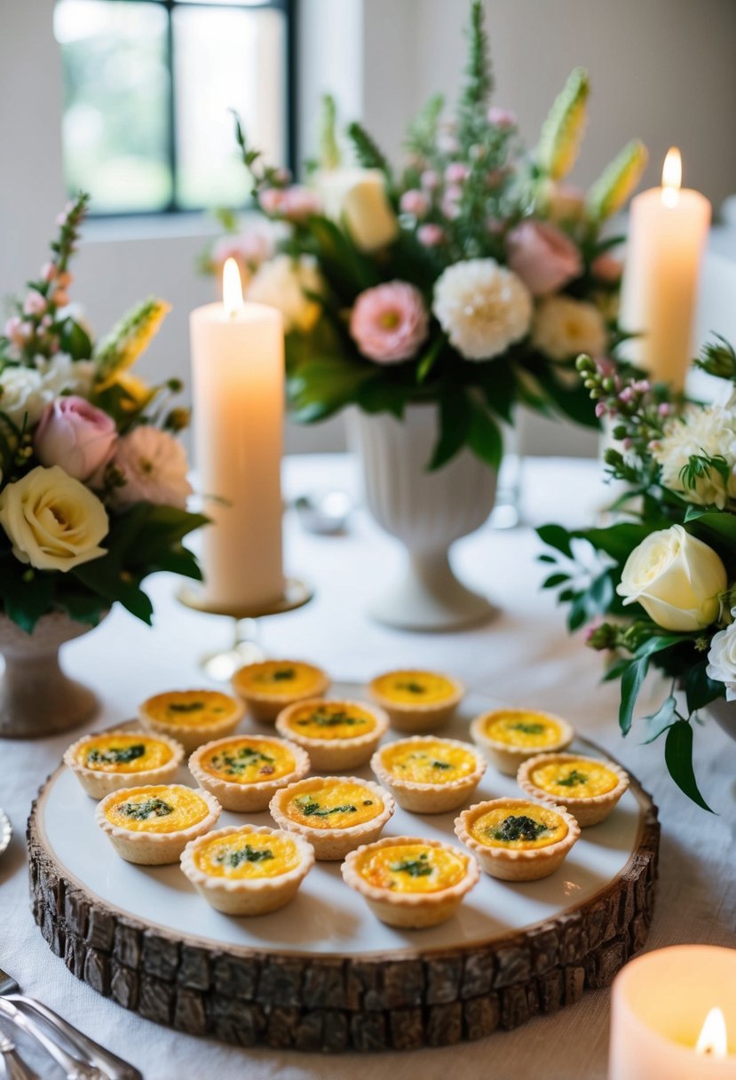 A table adorned with an assortment of mini quiches, surrounded by elegant floral arrangements and soft candlelight