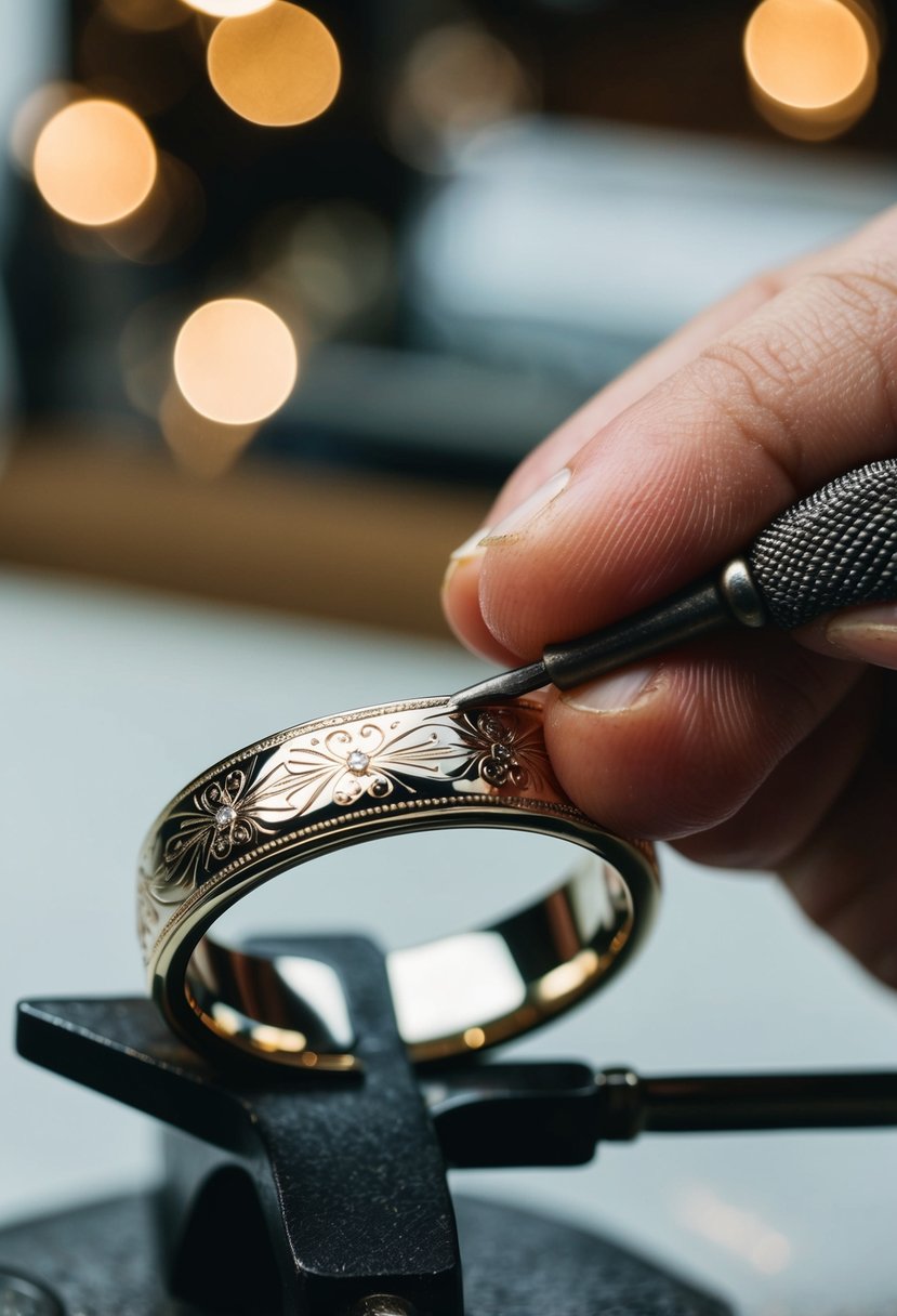 A jeweler carefully engraving intricate designs onto a wedding ring with a small tool