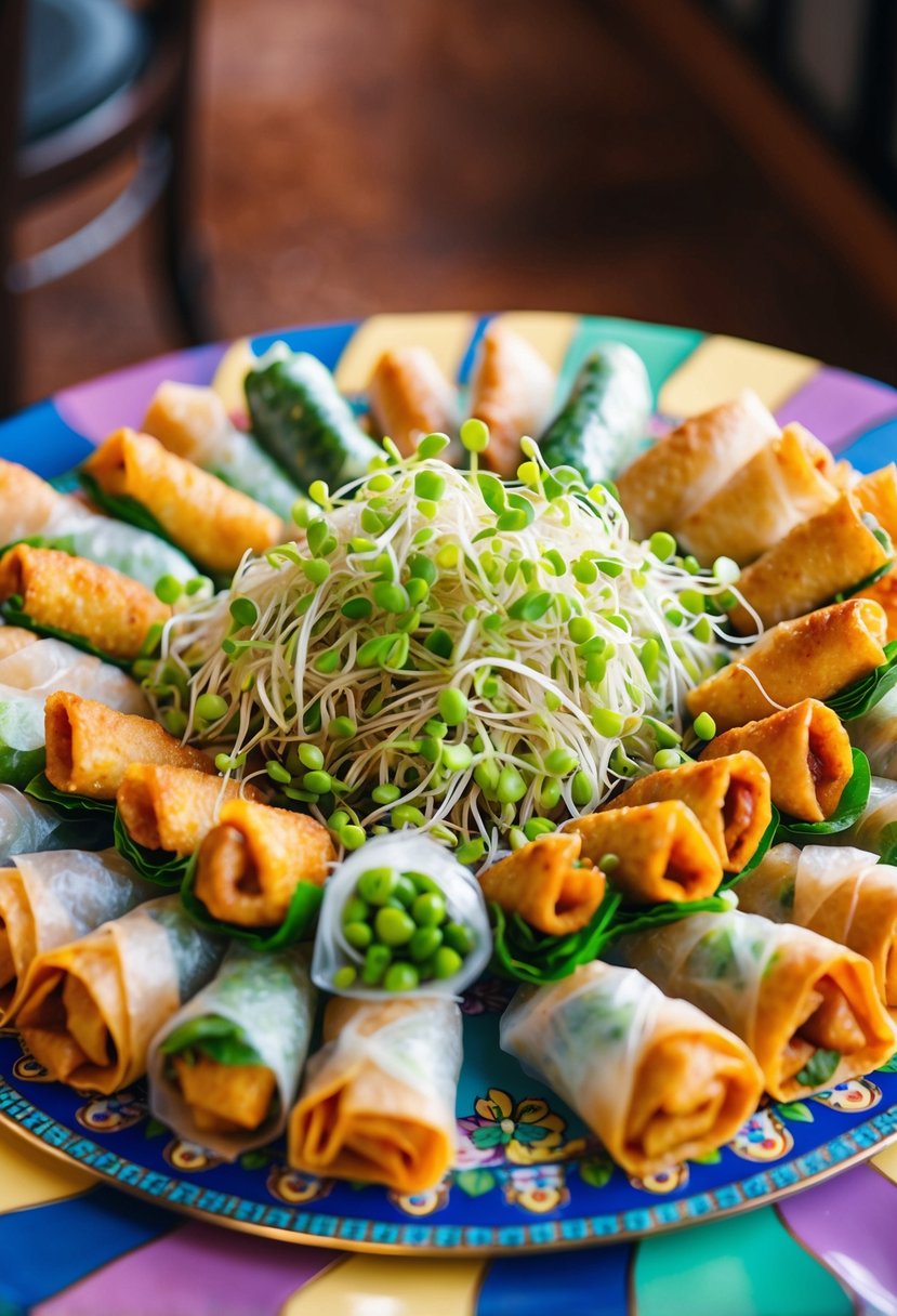 A colorful array of spring rolls and sprouts arranged on a decorative serving table