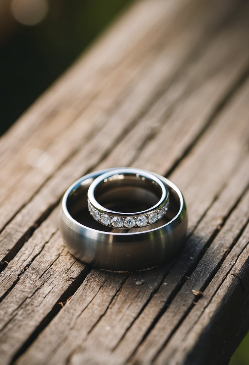 A pair of wedding rings resting on a rustic wooden surface, with soft natural lighting casting gentle shadows