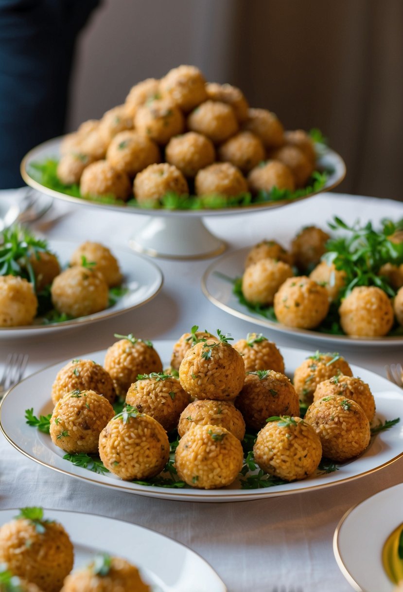 A beautifully arranged table displays an assortment of golden brown Truffle Risotto Balls, garnished with fresh herbs and served on elegant platters