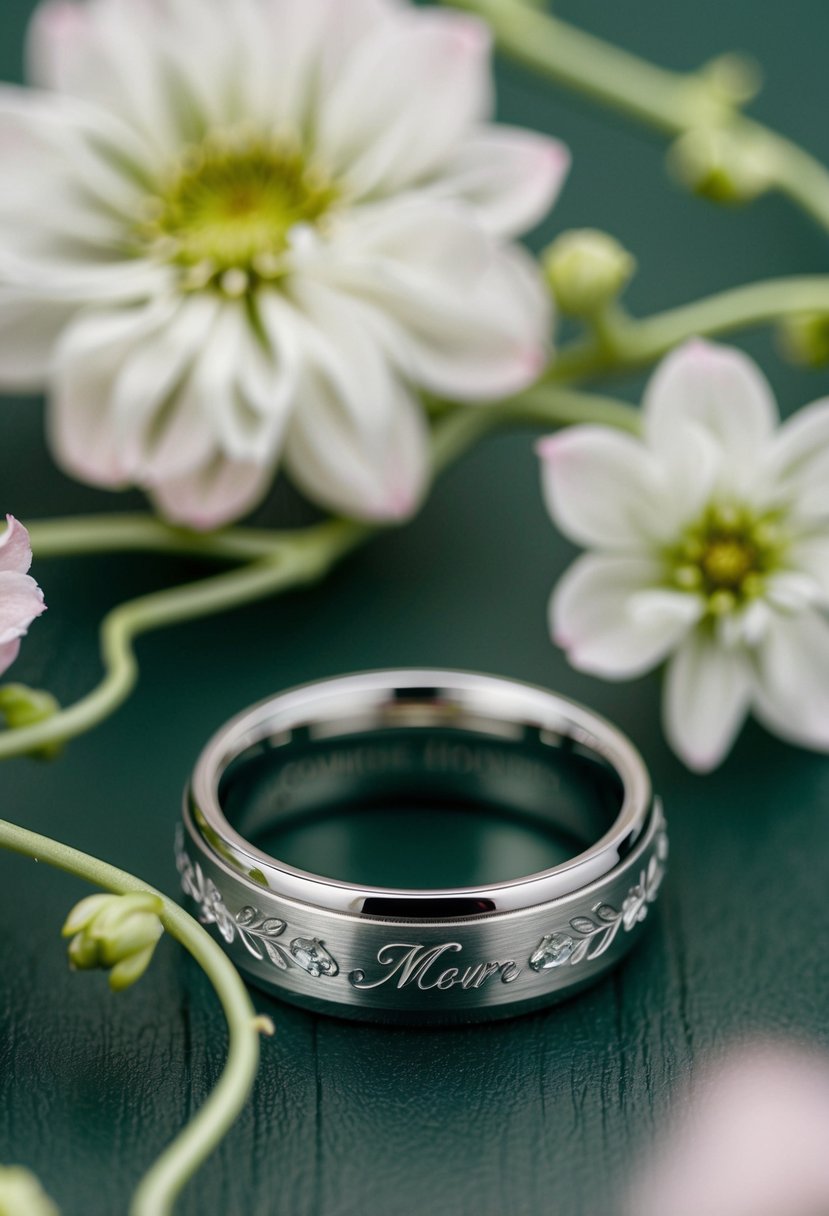 A wedding ring with a personalized engraving, surrounded by delicate floral and vine decorations