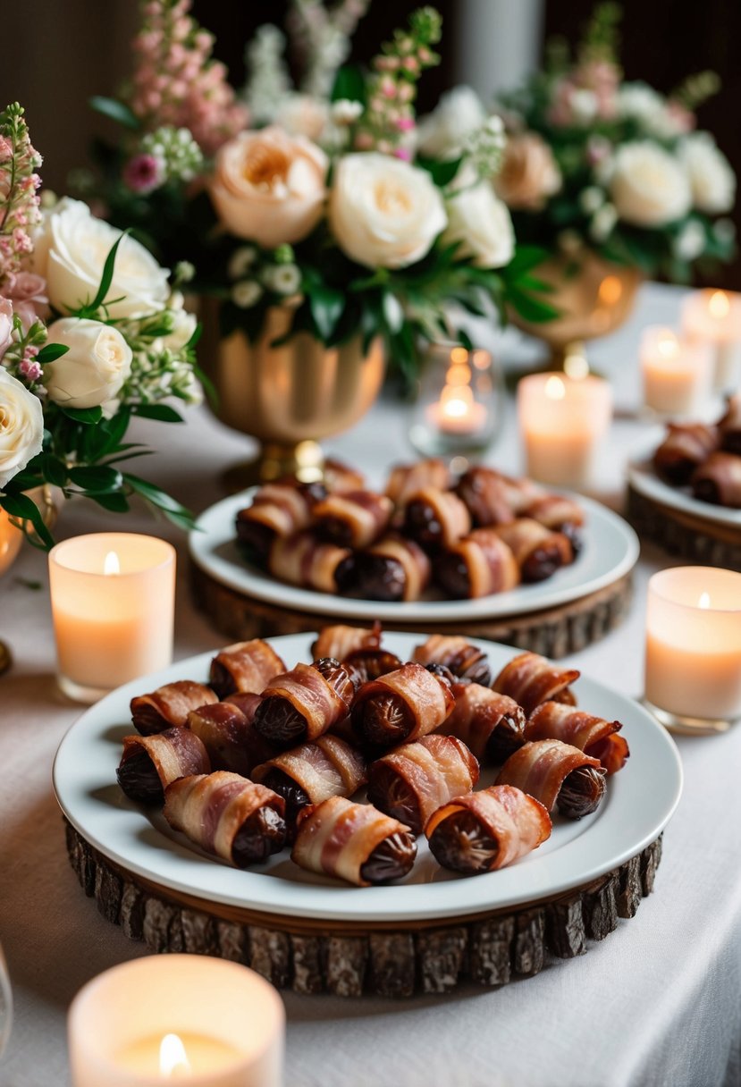 A table adorned with elegant platters of bacon-wrapped dates, surrounded by floral arrangements and soft candlelight