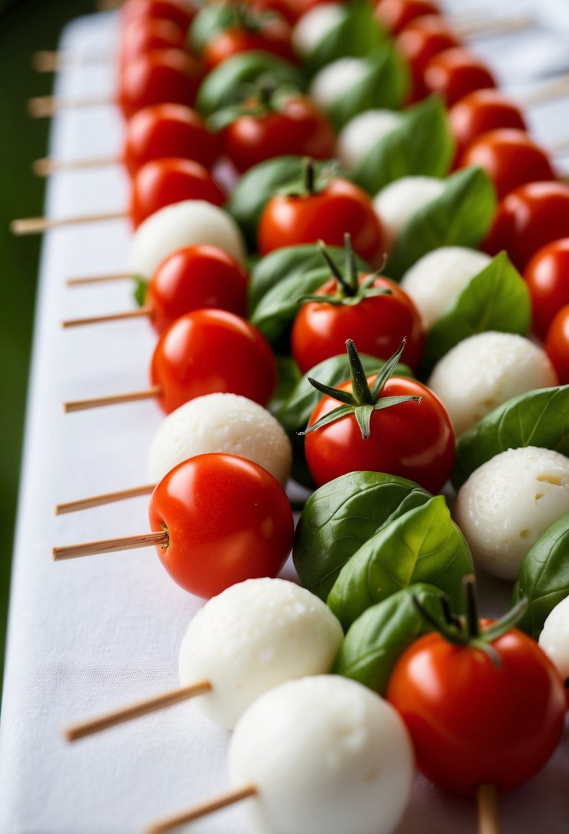 A table adorned with rows of Caprese skewers, each topped with a vibrant cherry tomato, fresh basil leaf, and mozzarella ball