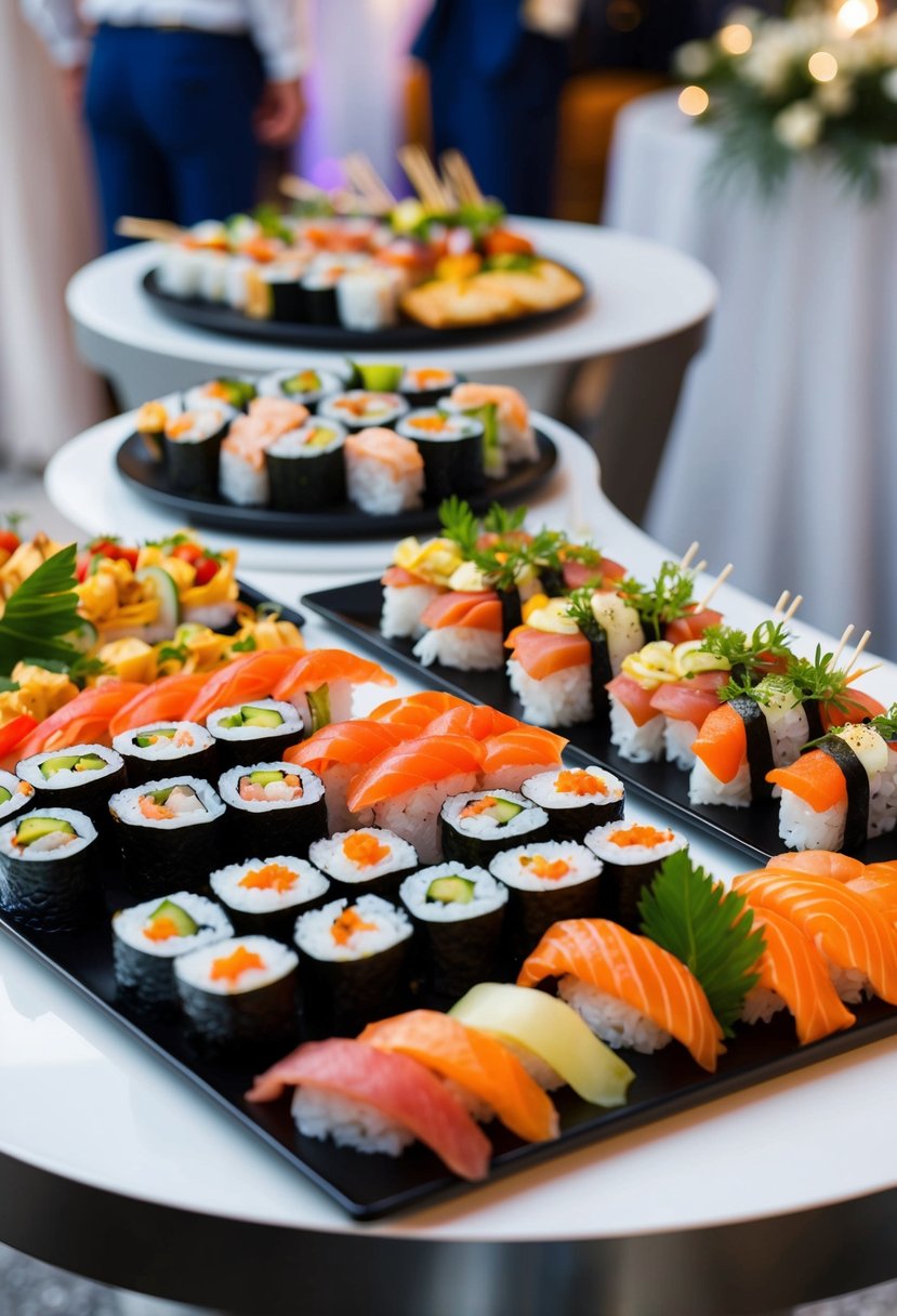 A colorful array of sushi rolls, sashimi, and appetizers displayed on a sleek, modern table at a wedding reception