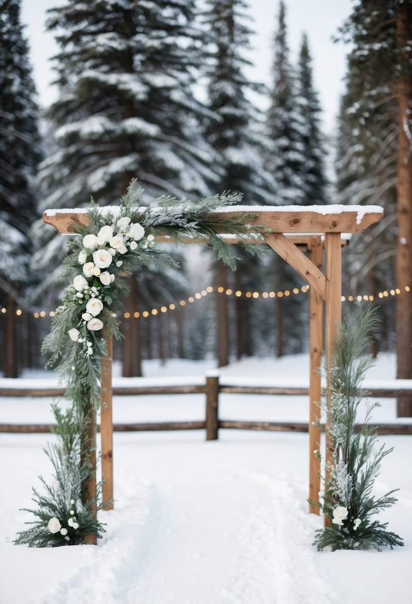 A cozy winter wedding scene with snow-covered pine trees, twinkling string lights, and a rustic wooden arch adorned with frosted greenery and white flowers