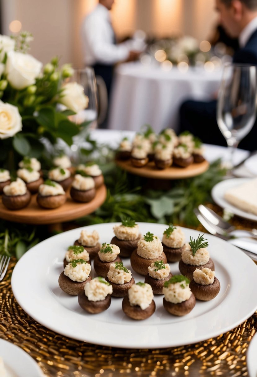 A table adorned with an array of gourmet stuffed mushrooms, elegantly displayed as wedding appetizers