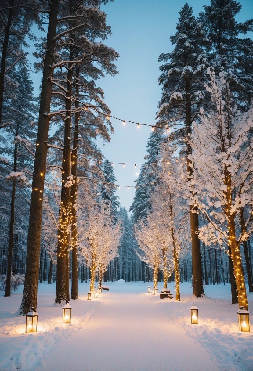 A snowy forest, with white-flowered trees and twinkling lights, sets the stage for a winter wedding