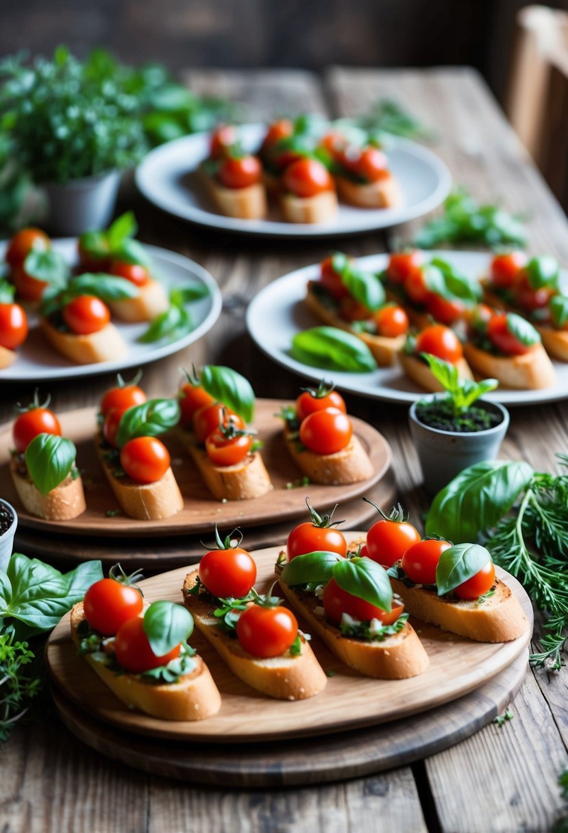 A rustic wooden table adorned with platters of bruschetta topped with ripe tomatoes and fresh basil leaves. A scattering of greenery and small pots of herbs add to the organic, appetizing display