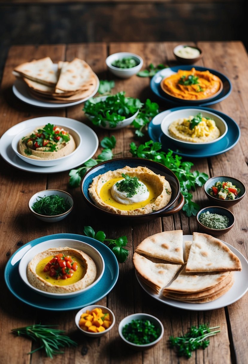 A rustic wooden table adorned with a variety of pita bread and hummus platters, surrounded by small bowls of colorful garnishes and fresh herbs