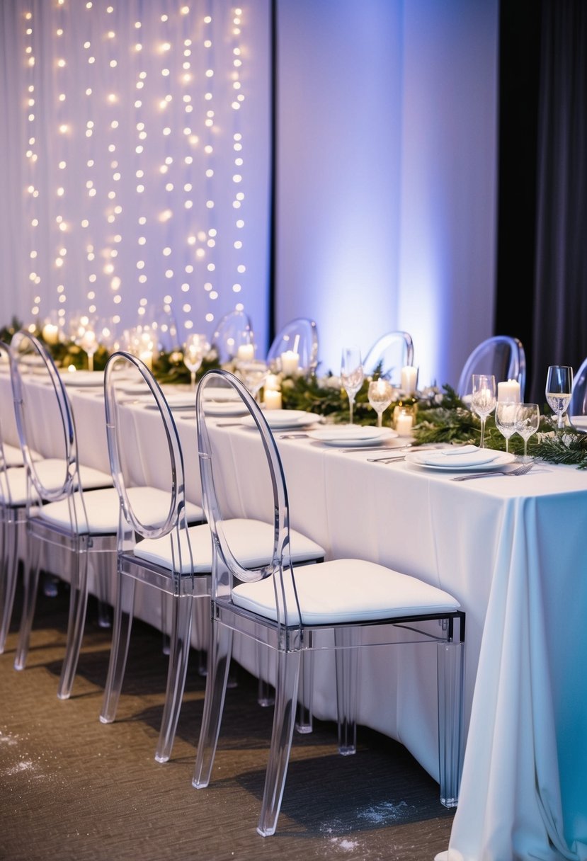 A sleek wedding reception with lucite chairs, adorned with artificial snow for a modern winter theme