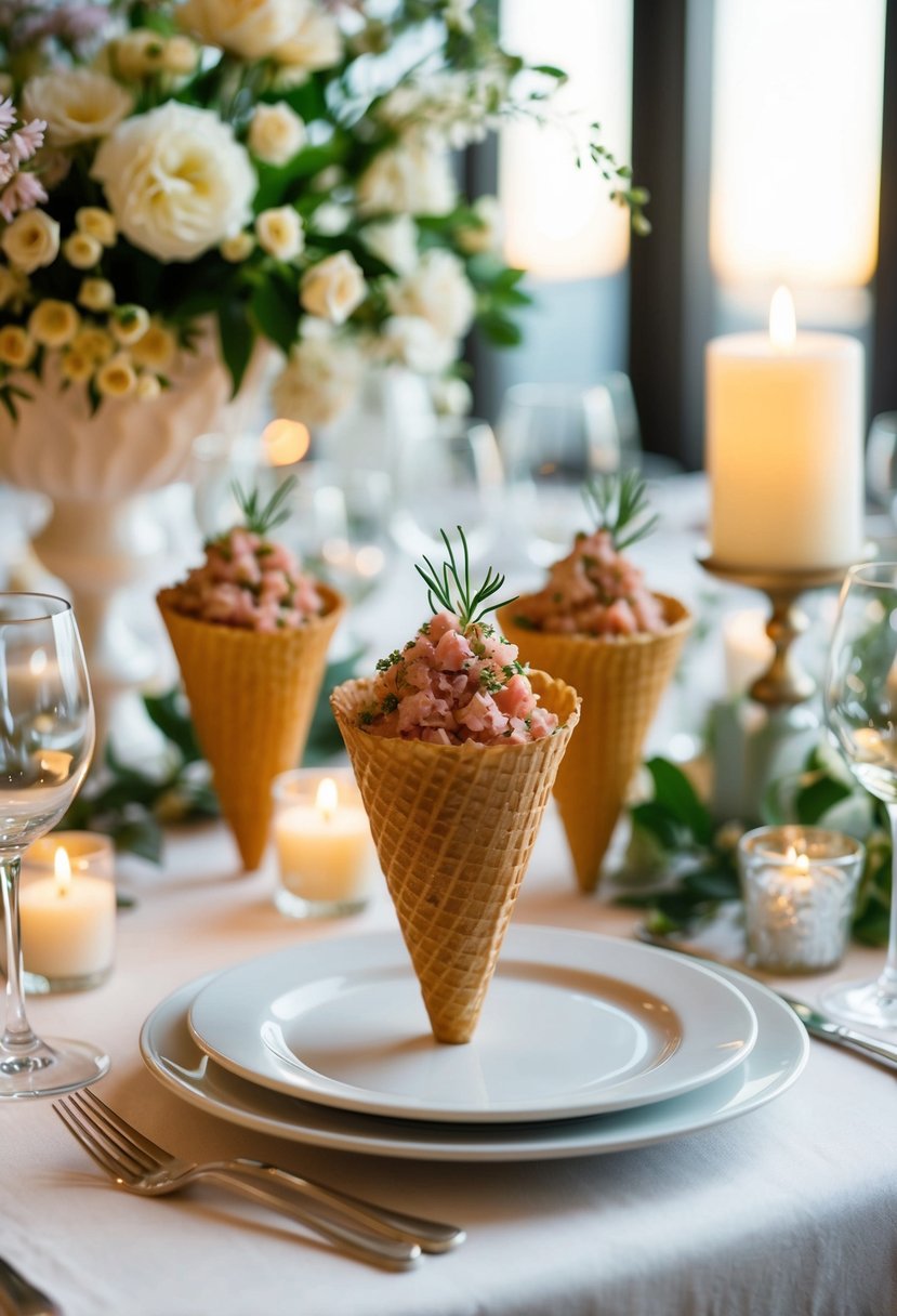 A table adorned with elegant tuna tartare cones, surrounded by delicate floral arrangements and soft candlelight