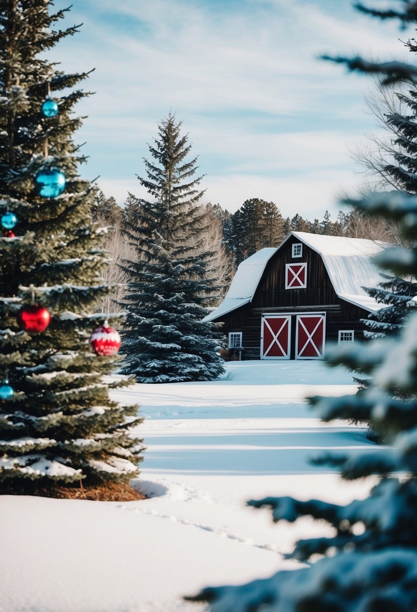 A snowy landscape with evergreen trees and a rustic barn, accented with pops of red and icy blue decorations