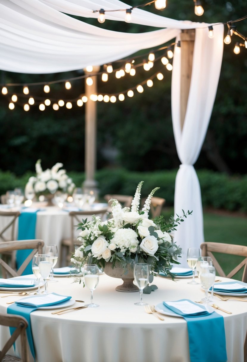 A serene outdoor wedding with white floral centerpieces, draped fabric, and twinkling lights