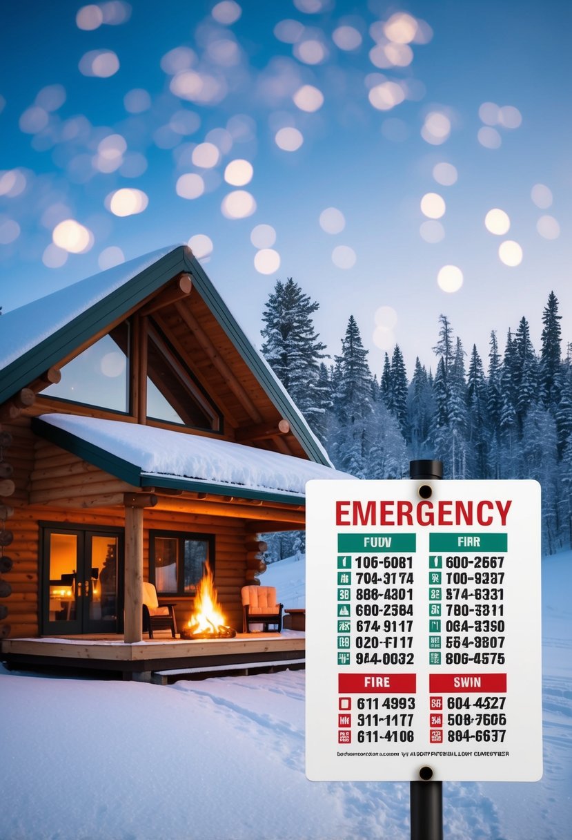 A snow-covered landscape with a cozy cabin, a roaring fire, and a list of emergency numbers for winter weather events