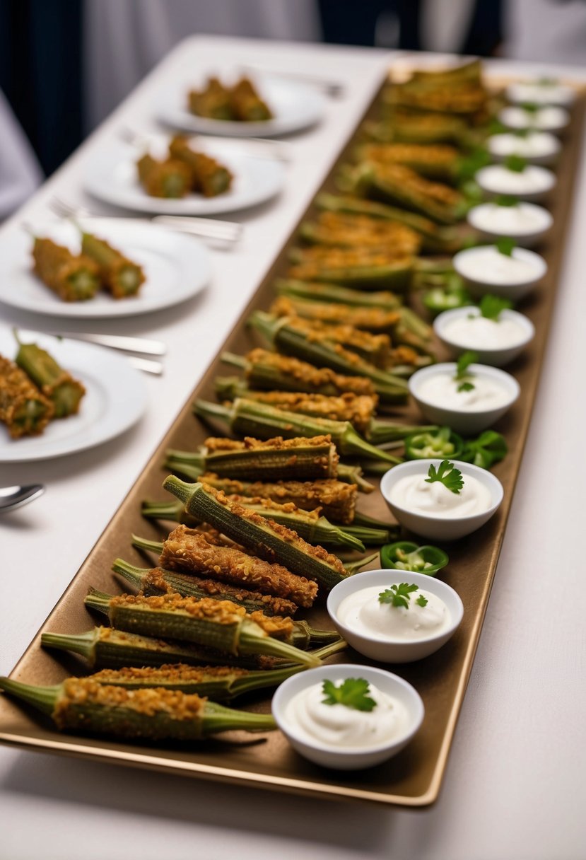 A table adorned with an array of crispy okra appetizers, accompanied by small dishes of creamy yogurt dip, set up for a wedding reception