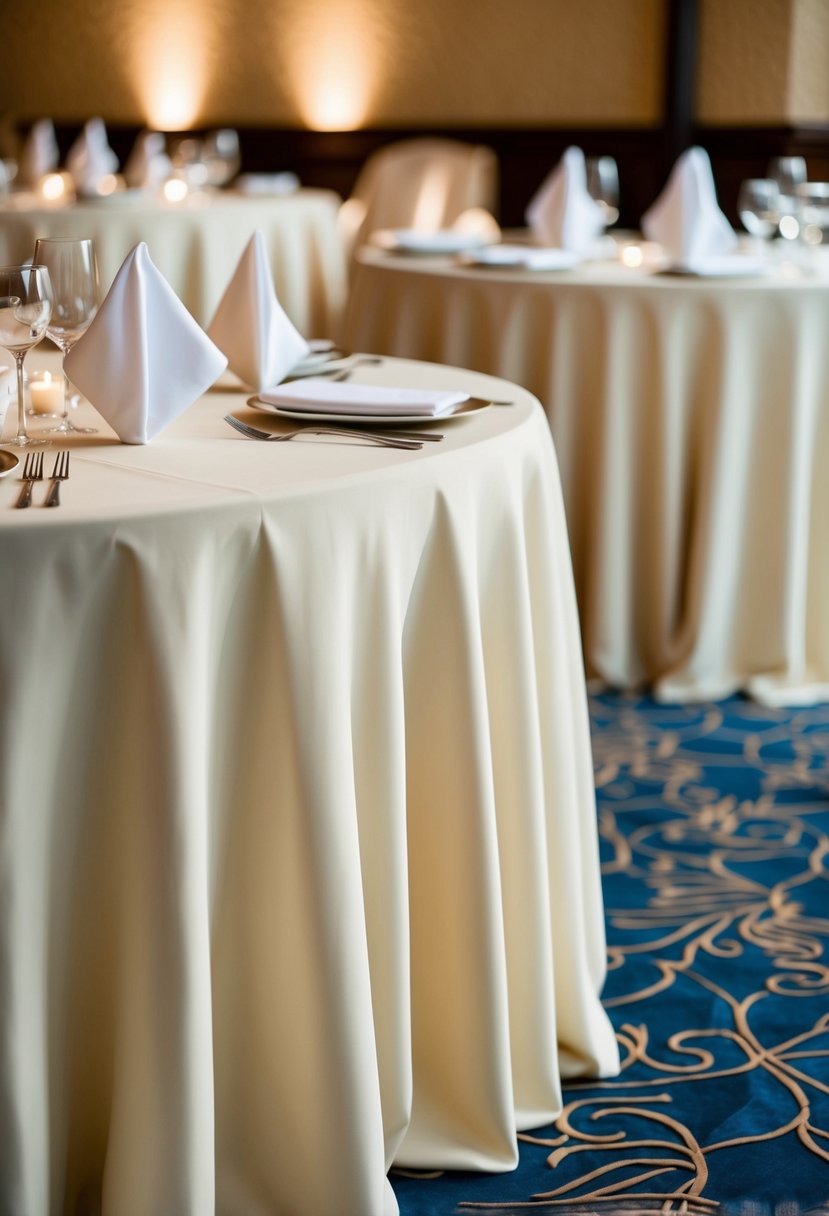 Ivory tablecloths draped over tables, with matching napkins neatly folded on each place setting