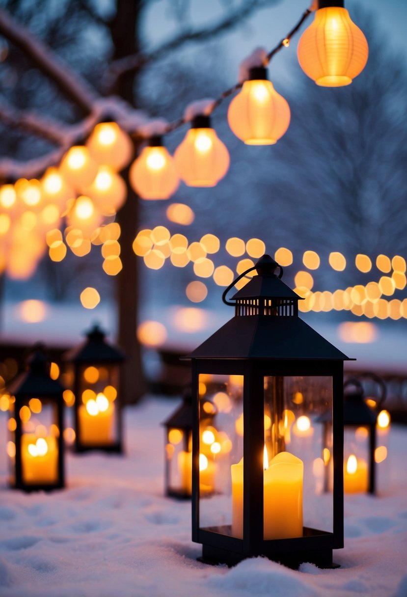 Warm candlelight and soft lantern glow illuminate a winter wedding scene, creating a cozy and romantic atmosphere