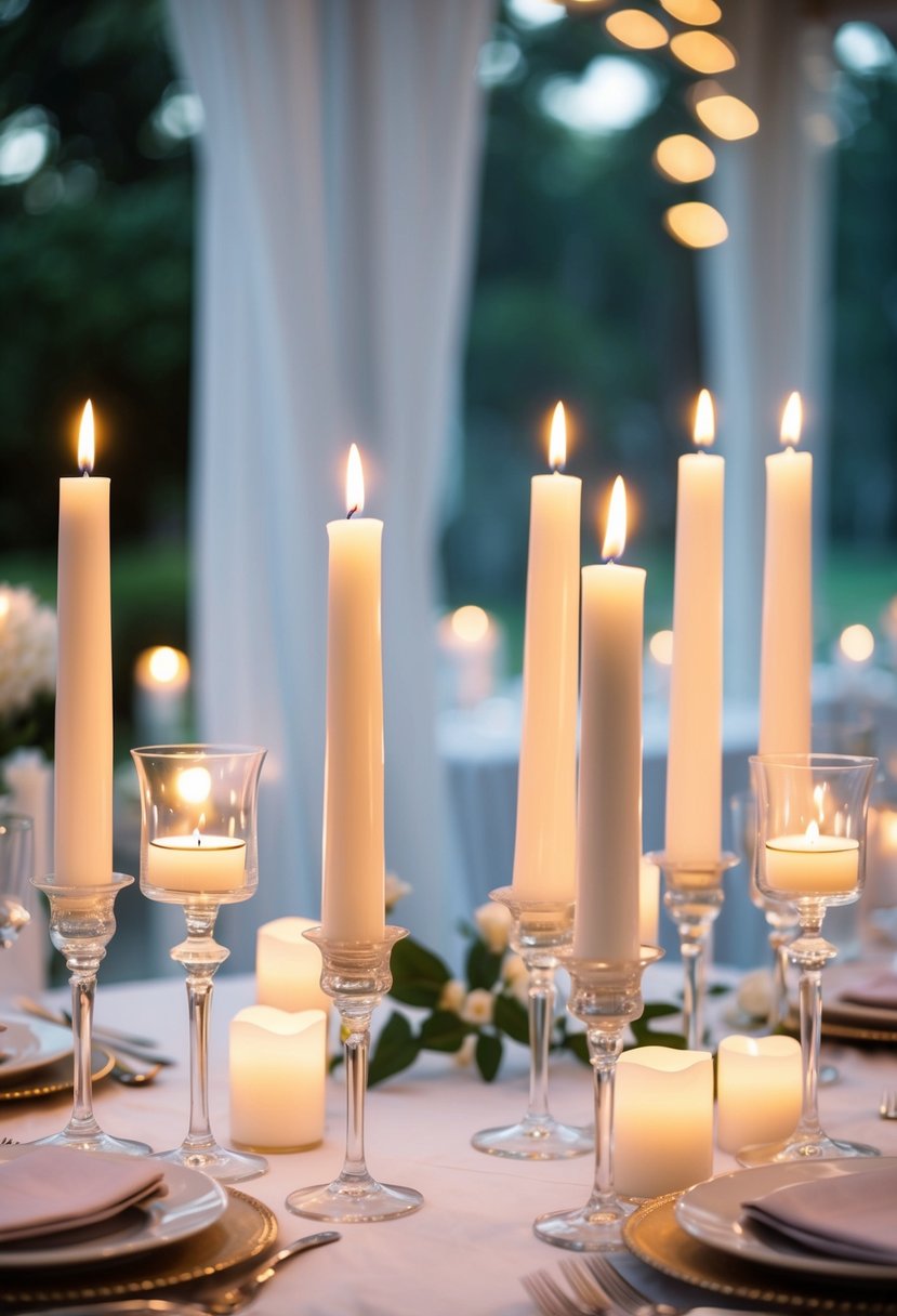 A table adorned with white tapered candles, casting a soft glow in a serene wedding setting