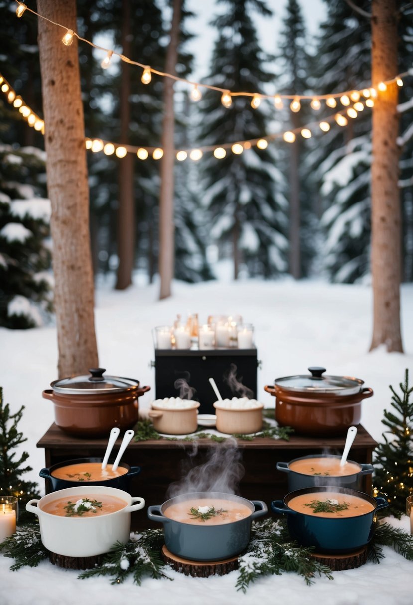 A cozy winter wedding scene with a hot cocoa bar and steaming pots of hearty soups, surrounded by twinkling lights and snow-covered trees