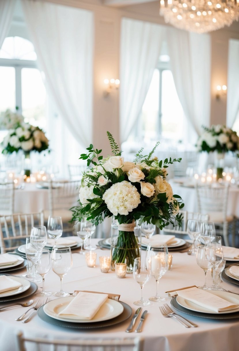 A table set with white floral centerpieces, surrounded by elegant white wedding decor