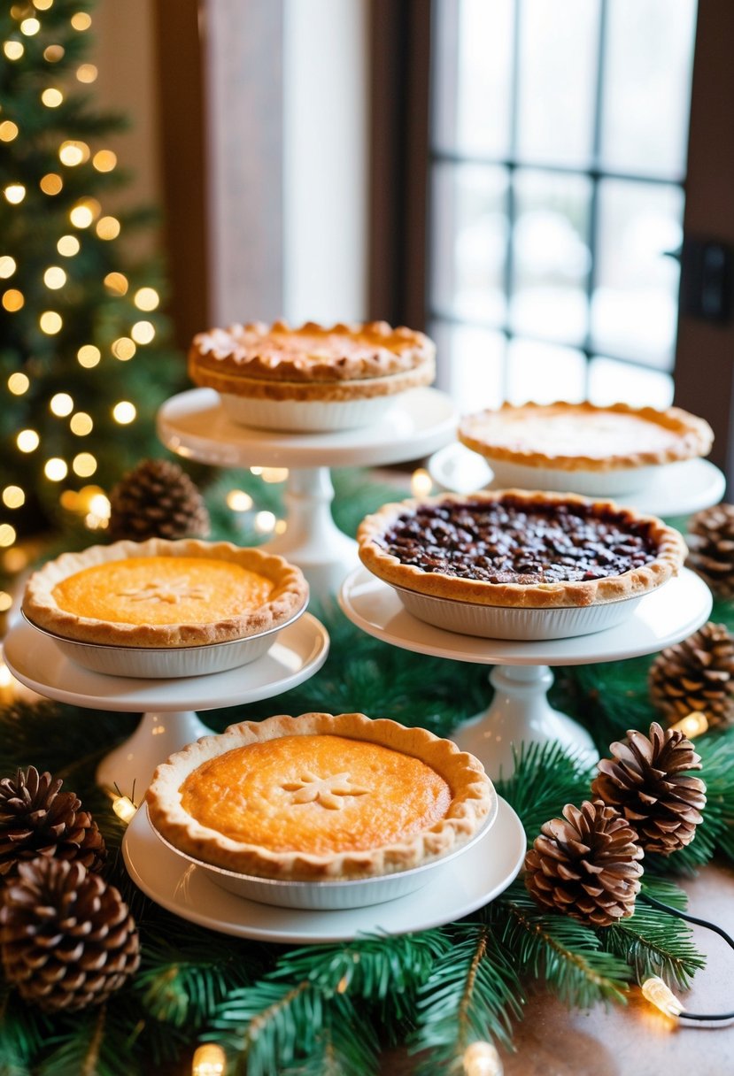 A cozy winter wedding dessert table with a variety of seasonal pies displayed on elegant cake stands and surrounded by twinkling lights and pinecones