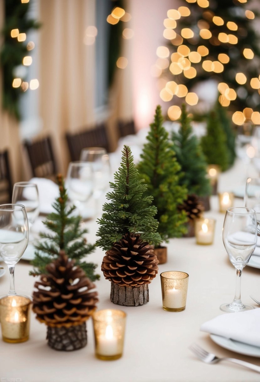 Pinecones and mini trees arranged as centerpieces on a winter wedding reception table