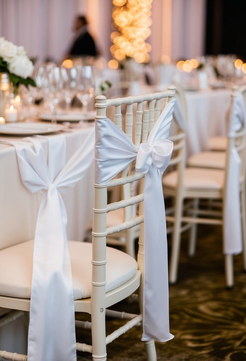 White chair sashes draped elegantly on ivory chairs at a wedding reception