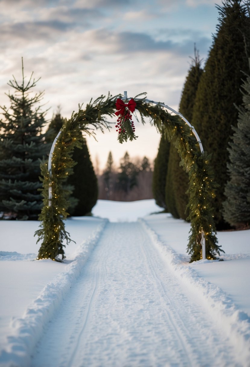 A snow-covered path leads to a mistletoe arch, adorned with twinkling lights and surrounded by evergreen trees, creating a romantic winter wedding setting