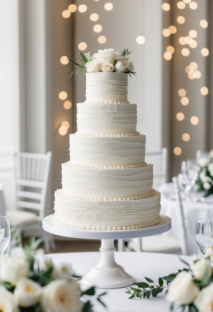 A white cake adorned with delicate textures sits on a table, surrounded by elegant white wedding decor