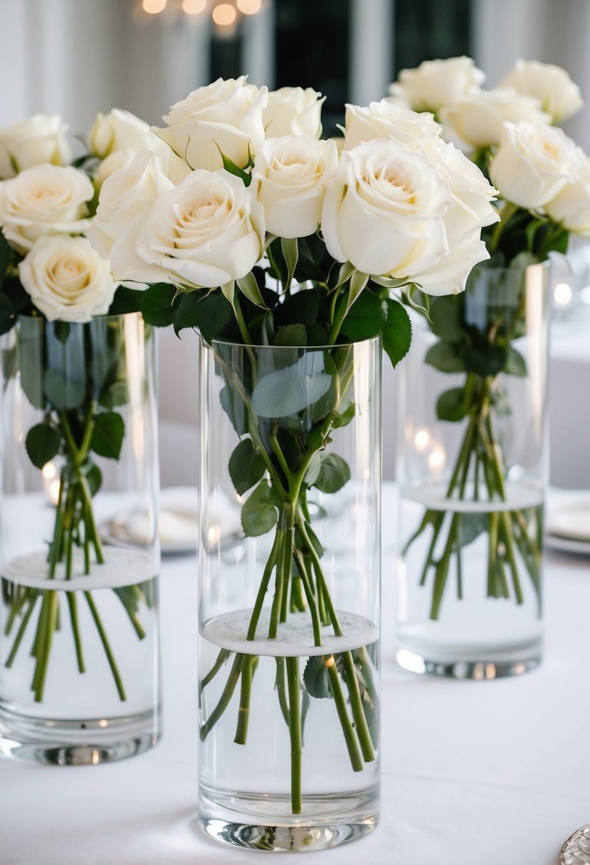 Transparent vases with white roses arranged on a white table, creating an elegant and serene wedding decor