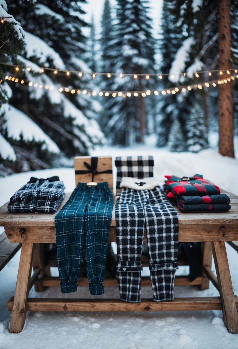 A cozy winter scene with plaid outfits laid out on a rustic wooden table, surrounded by snow-covered pine trees and twinkling string lights