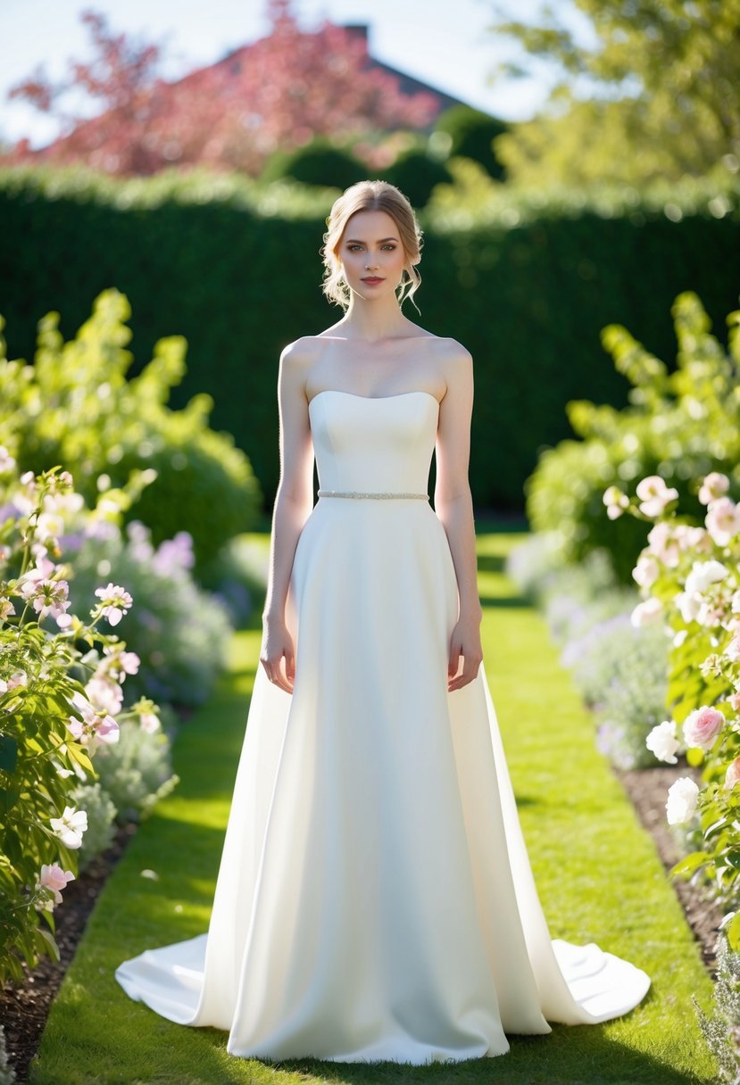 A bride in a simple, elegant white dress stands in a sunlit garden, surrounded by blooming flowers and greenery