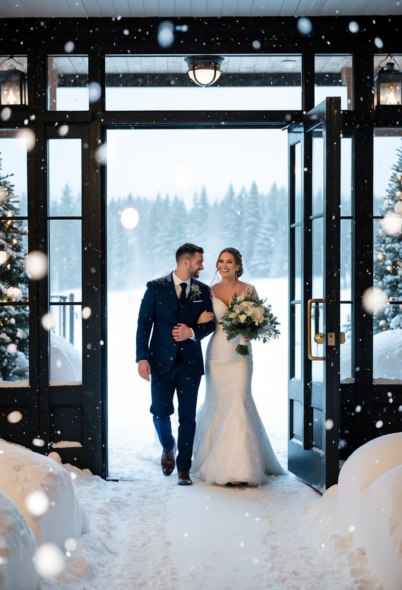 A newlywed couple exits a snowy wedding venue, surrounded by swirling snowflakes and a romantic winter landscape