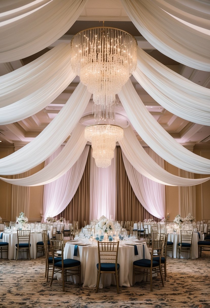 A grand ballroom adorned with billowing white drapes cascading from the ceiling, creating an atmosphere of elegance and romance for a wedding celebration