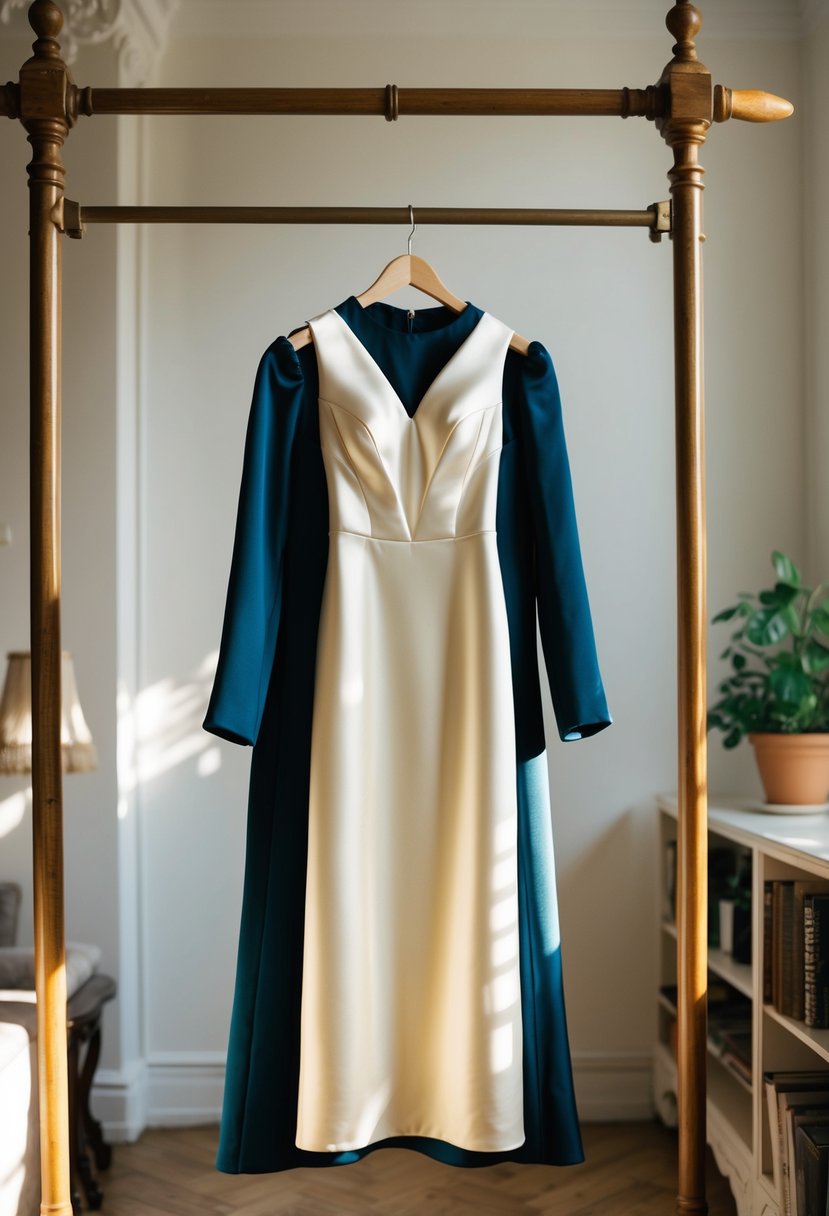 An elegant satin midi dress hanging on a vintage coat rack in a sunlit room