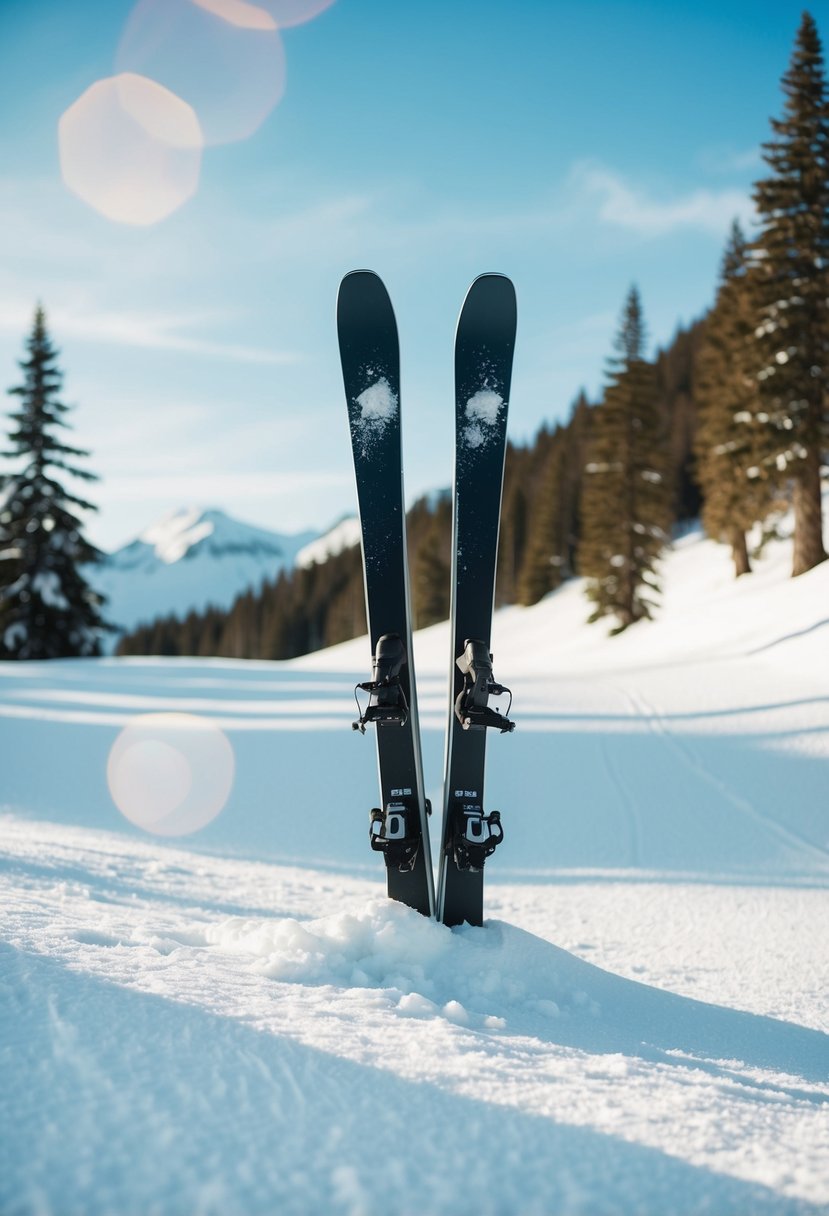 A snowy mountain slope with two pairs of skis stuck upright in the snow, surrounded by pine trees and a clear blue sky