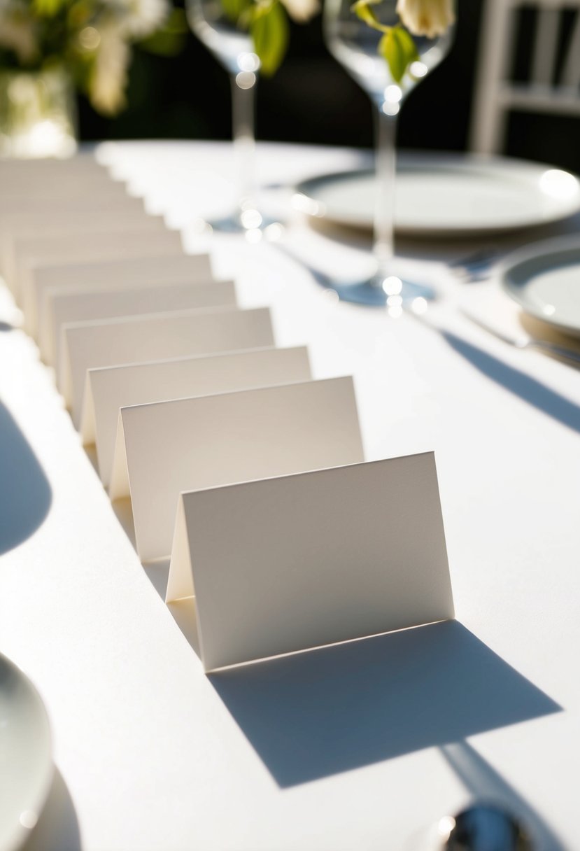 A set of minimalist white place cards arranged neatly on a white table, with soft natural light illuminating the scene