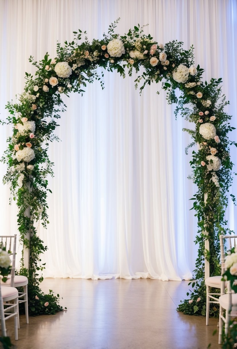 A grand white wedding arch adorned with flowers and greenery stands against a backdrop of flowing white drapery