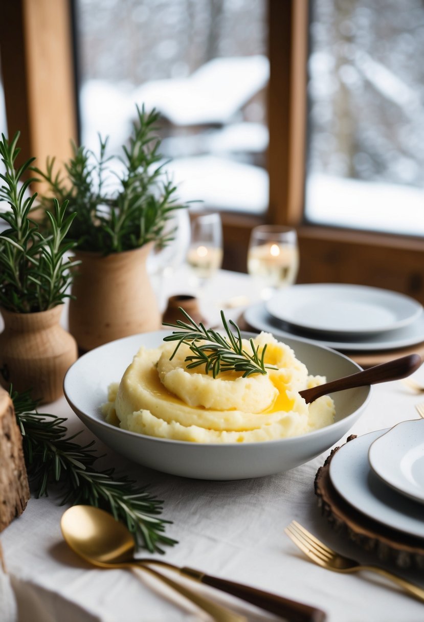 A cozy winter wedding table with rosemary mashed potatoes, adorned with rustic elements like wooden serving utensils and sprigs of fresh rosemary